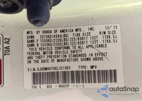 2014 Honda Cr-V Ex-L from USA, damaged, VIN 5J6RM4H78EL021960